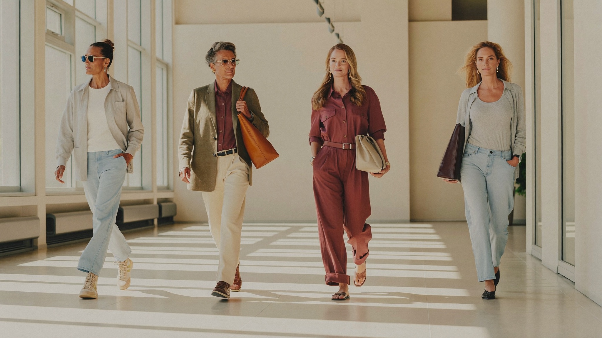 A self-assured person walking confidently through a bright modern space, years after finishing a bariatric weight-loss journey