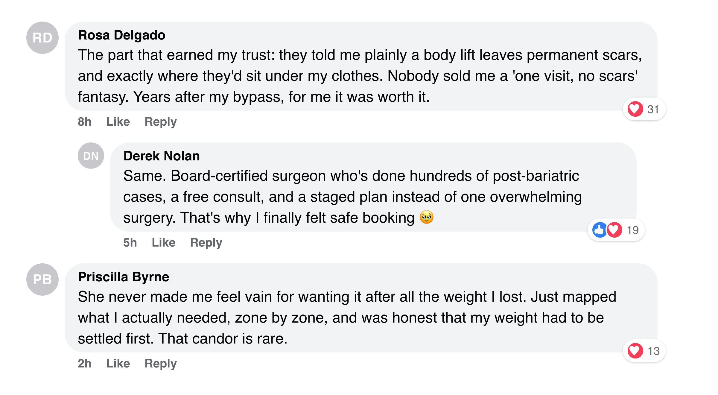 Facebook comments praising the honesty that the body-lift scars are permanent but worth it