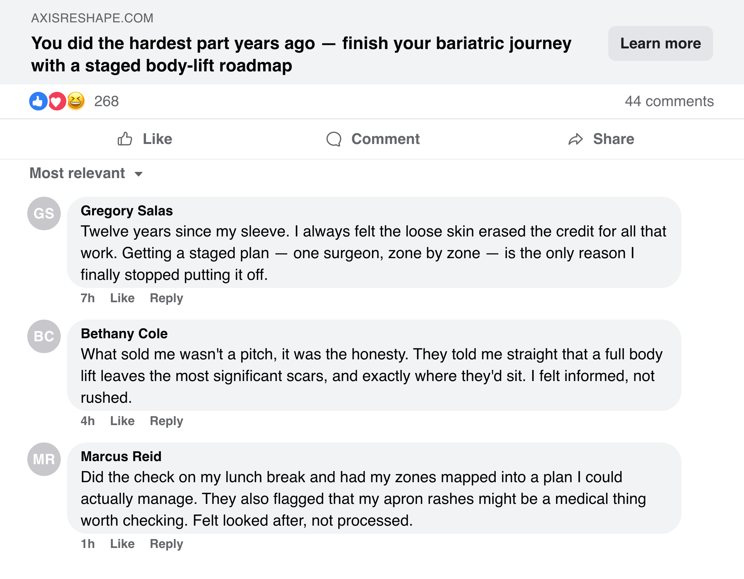 Facebook post about a surgeon who honestly finished the transformation years after gastric bypass