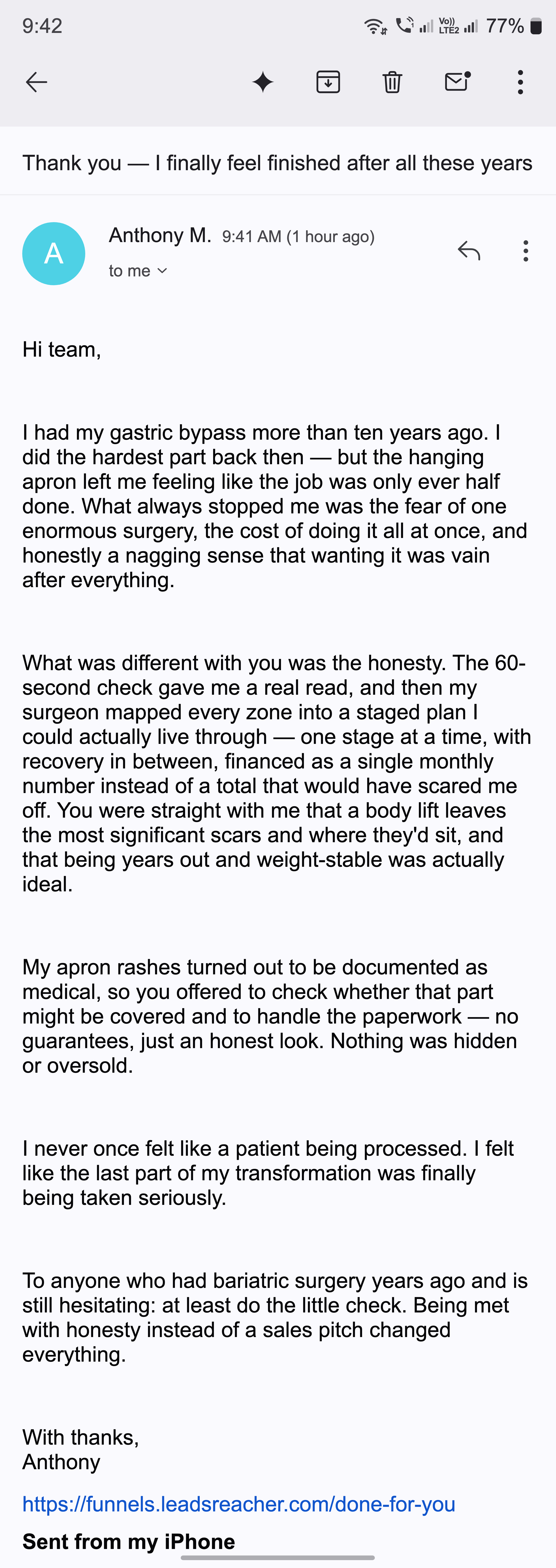 A thank-you email from someone who finally felt finished after finishing their bariatric journey
