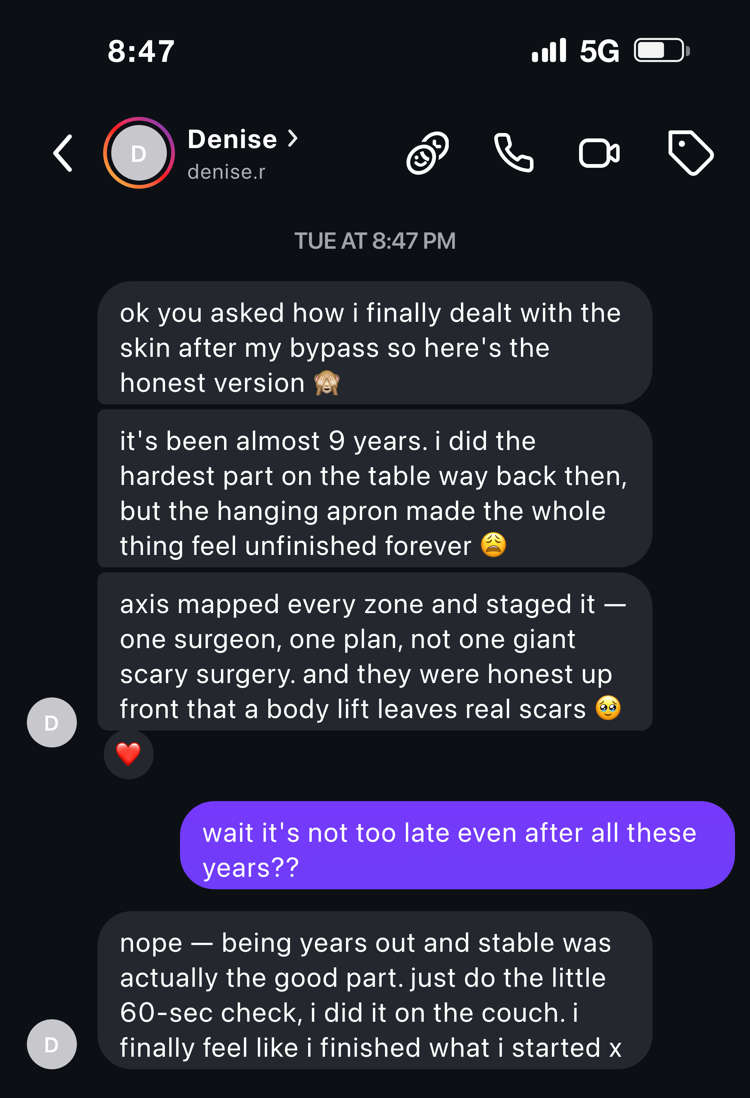 Instagram message about finally finishing the transformation years after bariatric surgery with a staged plan