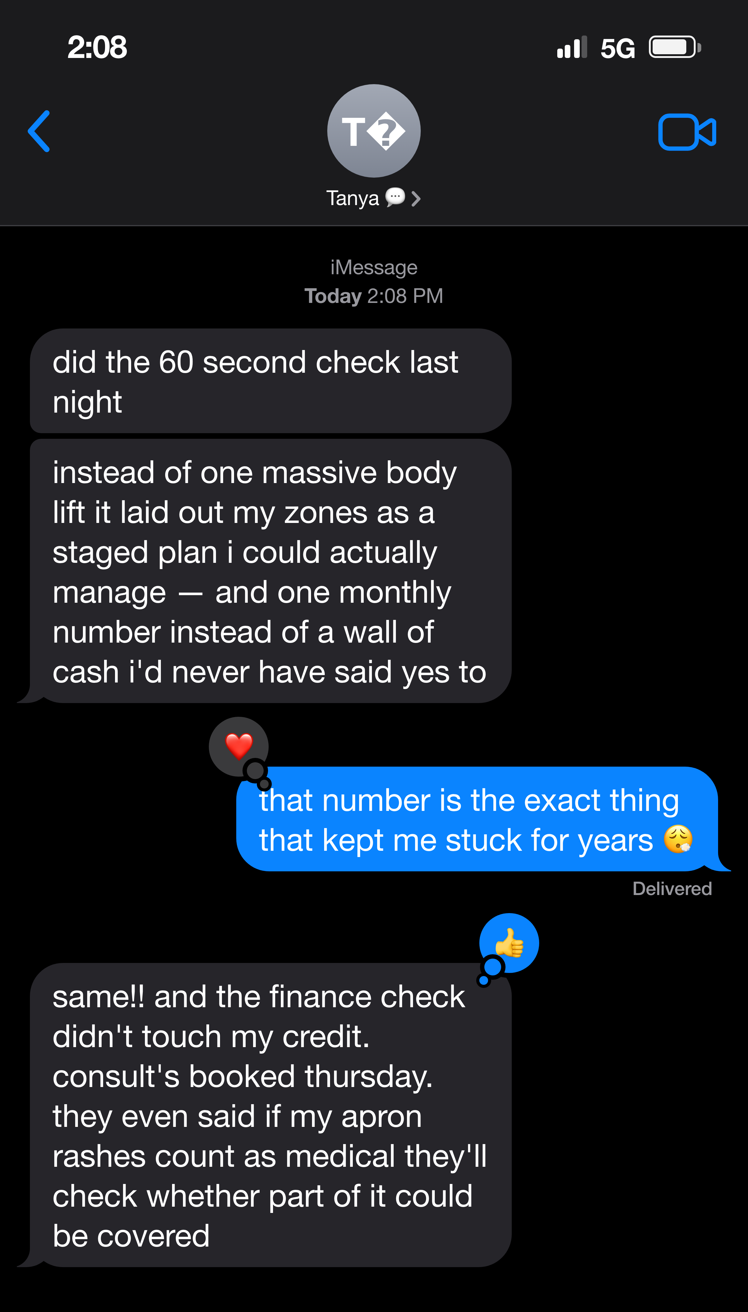 Text message about one monthly number for the whole staged body-lift roadmap instead of a wall of cash
