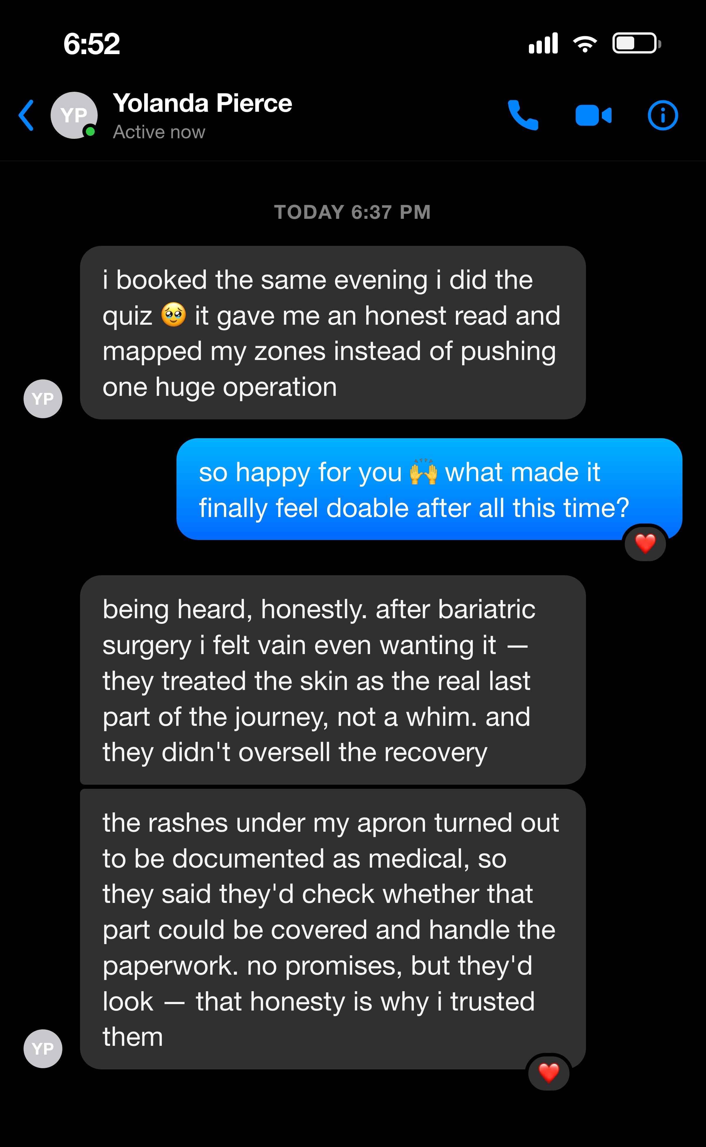 Messenger note about the hanging-apron rashes qualifying as a medical matter and part of it being verified for coverage