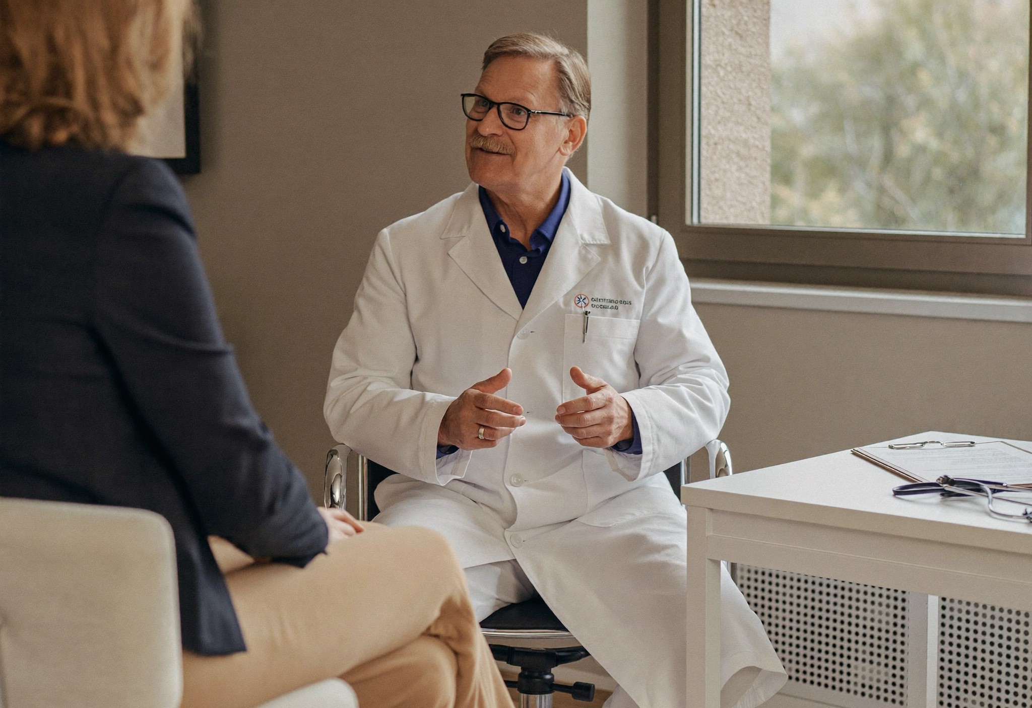 A patient reviewing a clear staged body-mapping roadmap with a post-bariatric surgeon on a tablet