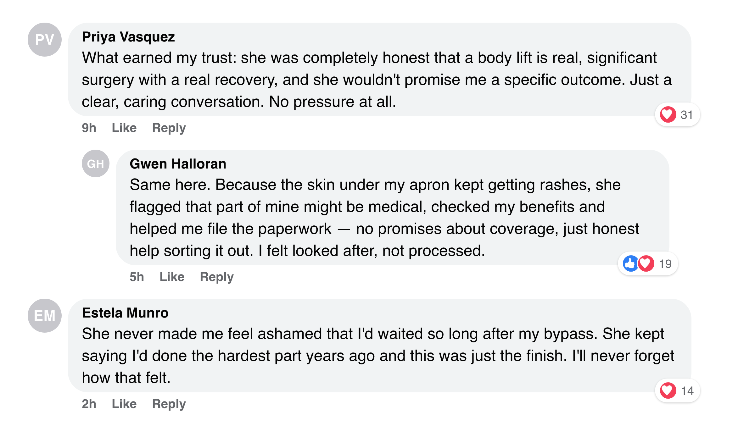 Facebook comments about the honesty on real surgery and part of it possibly being covered