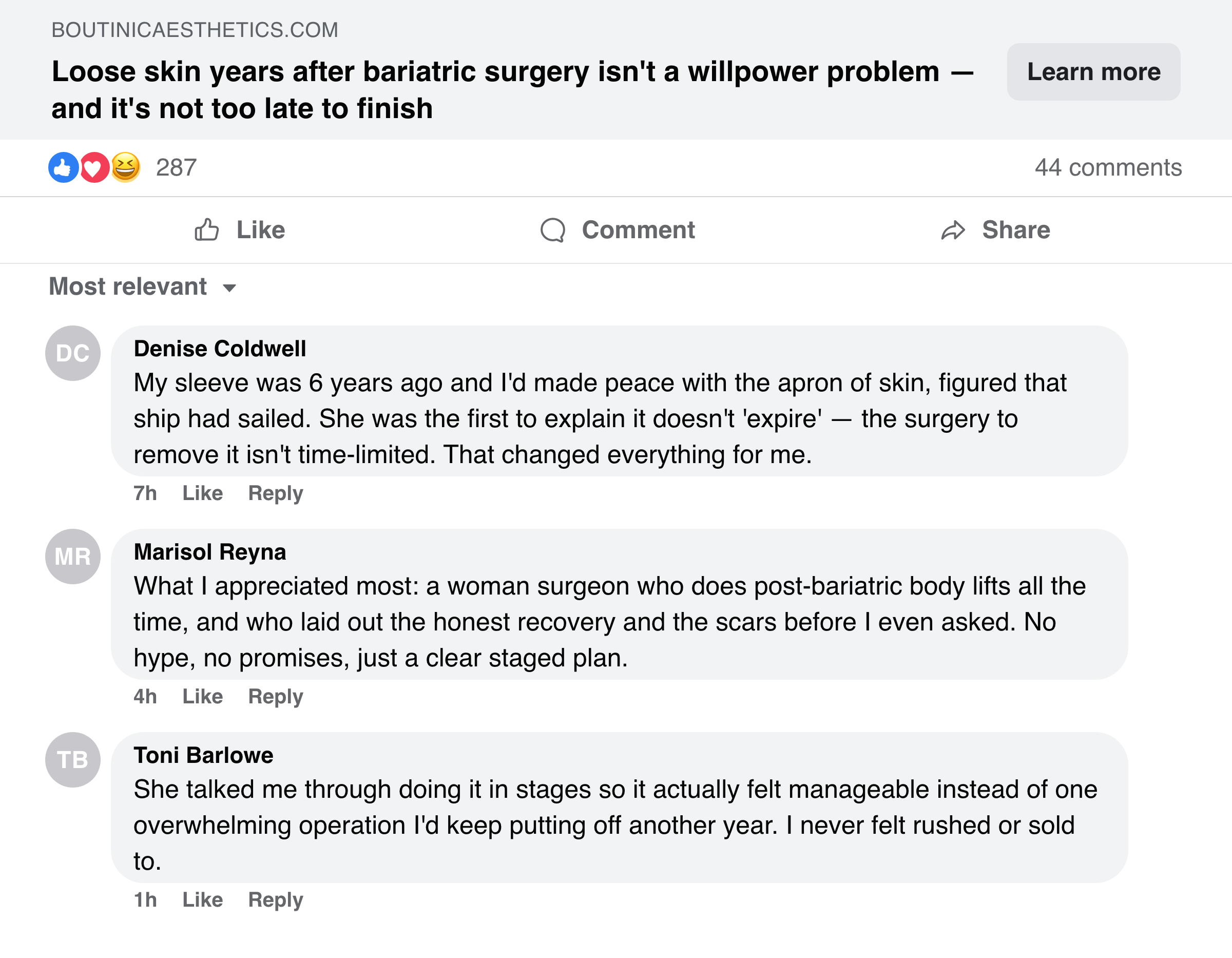 Facebook post about loose skin years after bariatric surgery not being a willpower problem or too late