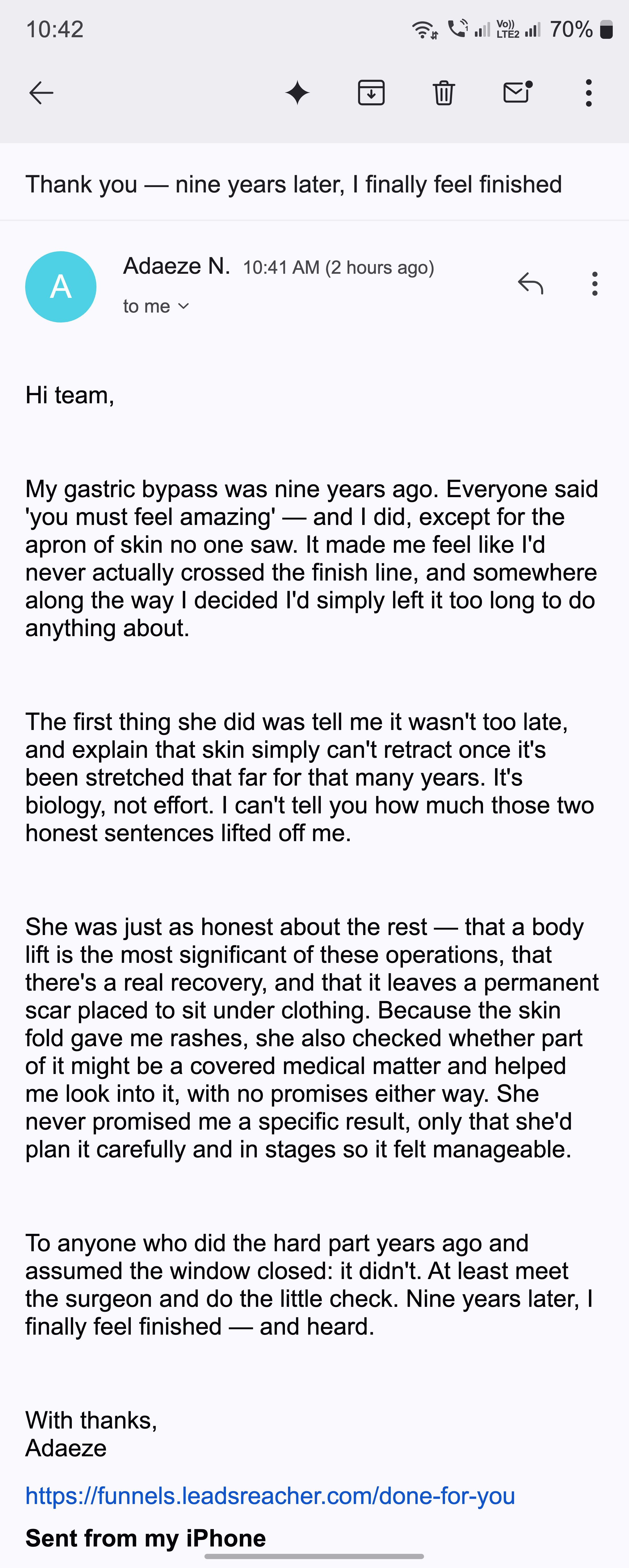 A thank-you email from a woman who felt heard and finally finished years after bariatric surgery