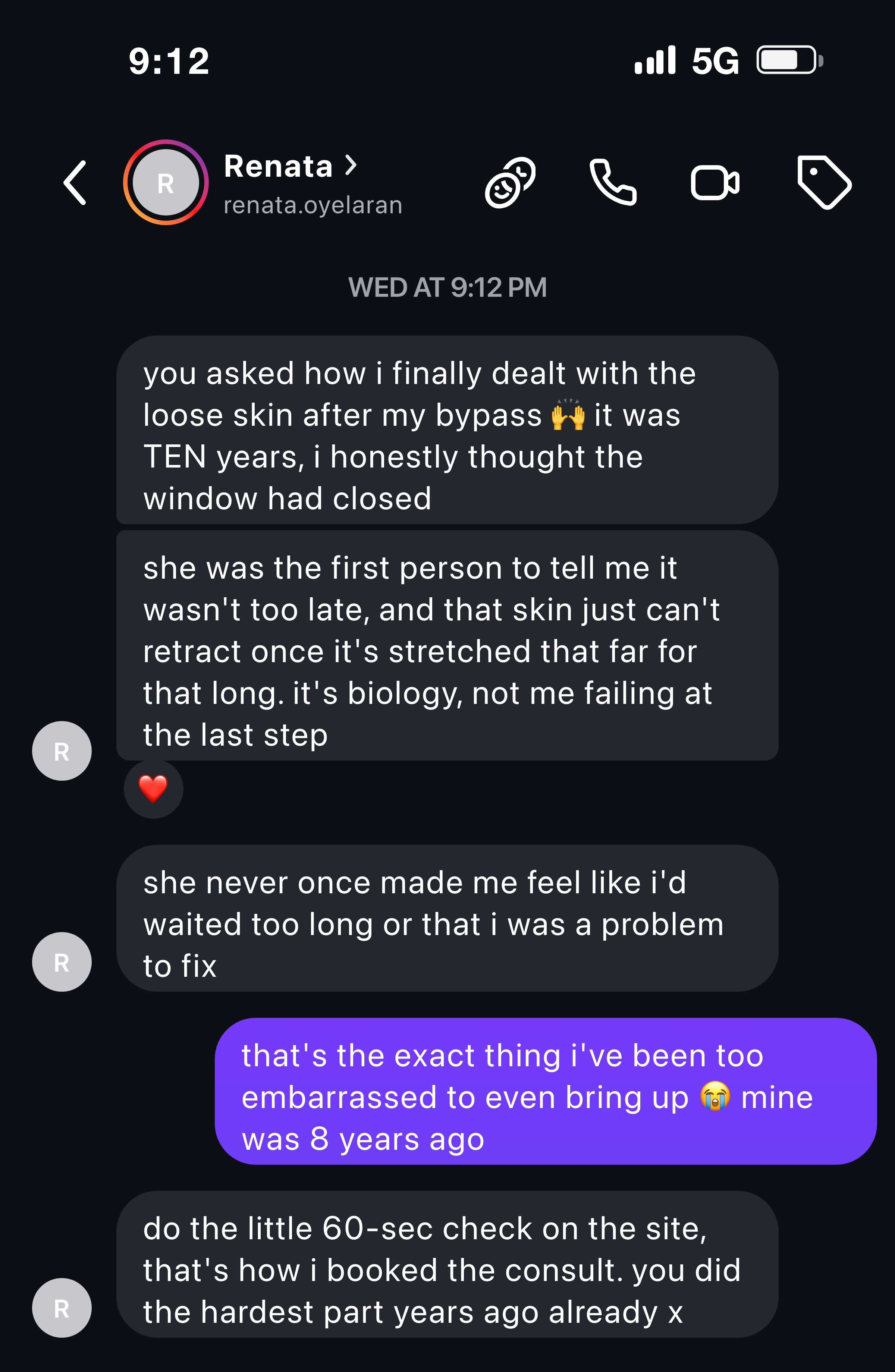 Instagram message about finally finishing years after bariatric surgery
