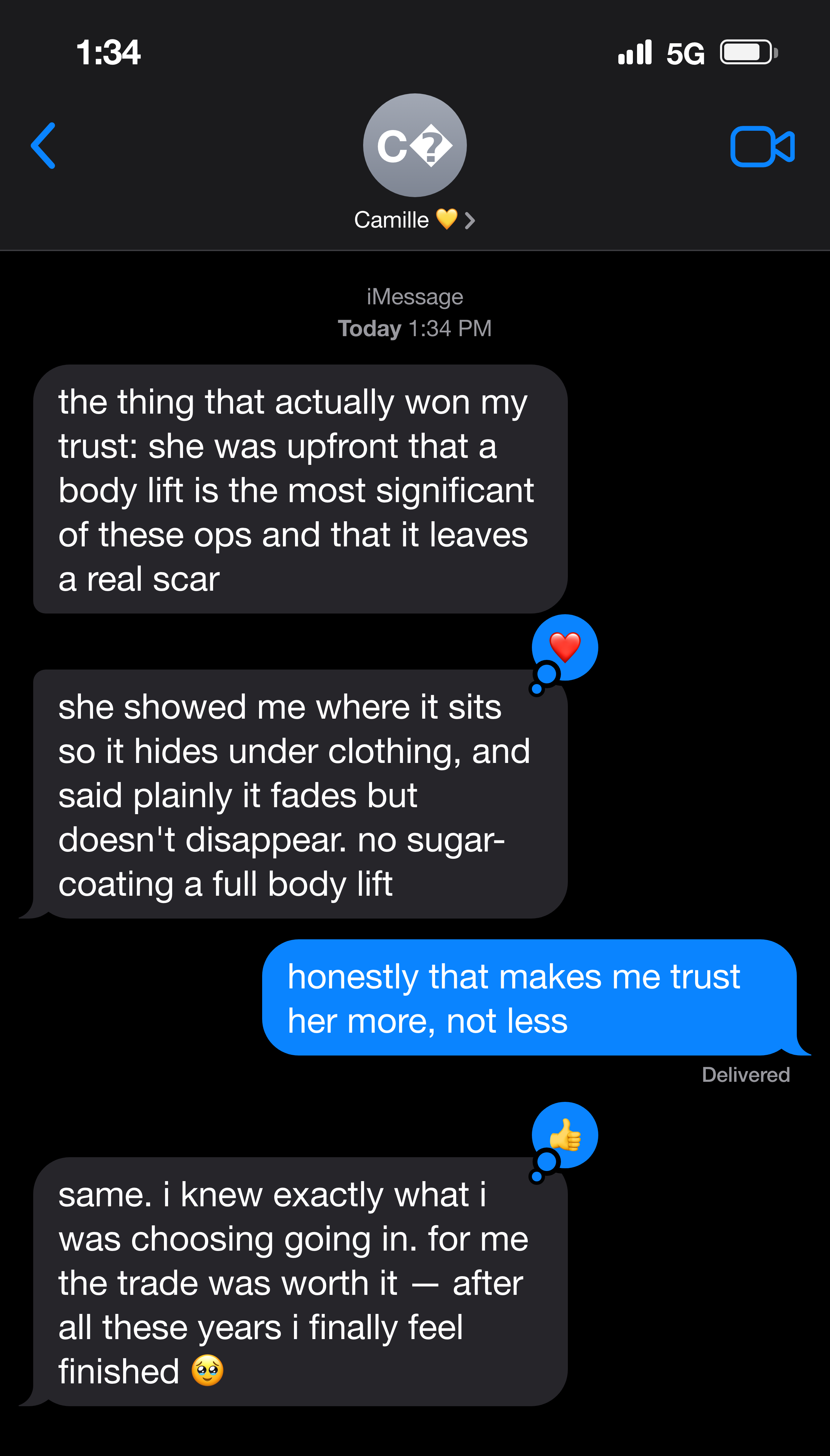 Text messages about a surgeon being honest that a body-lift scar is a permanent trade worth it