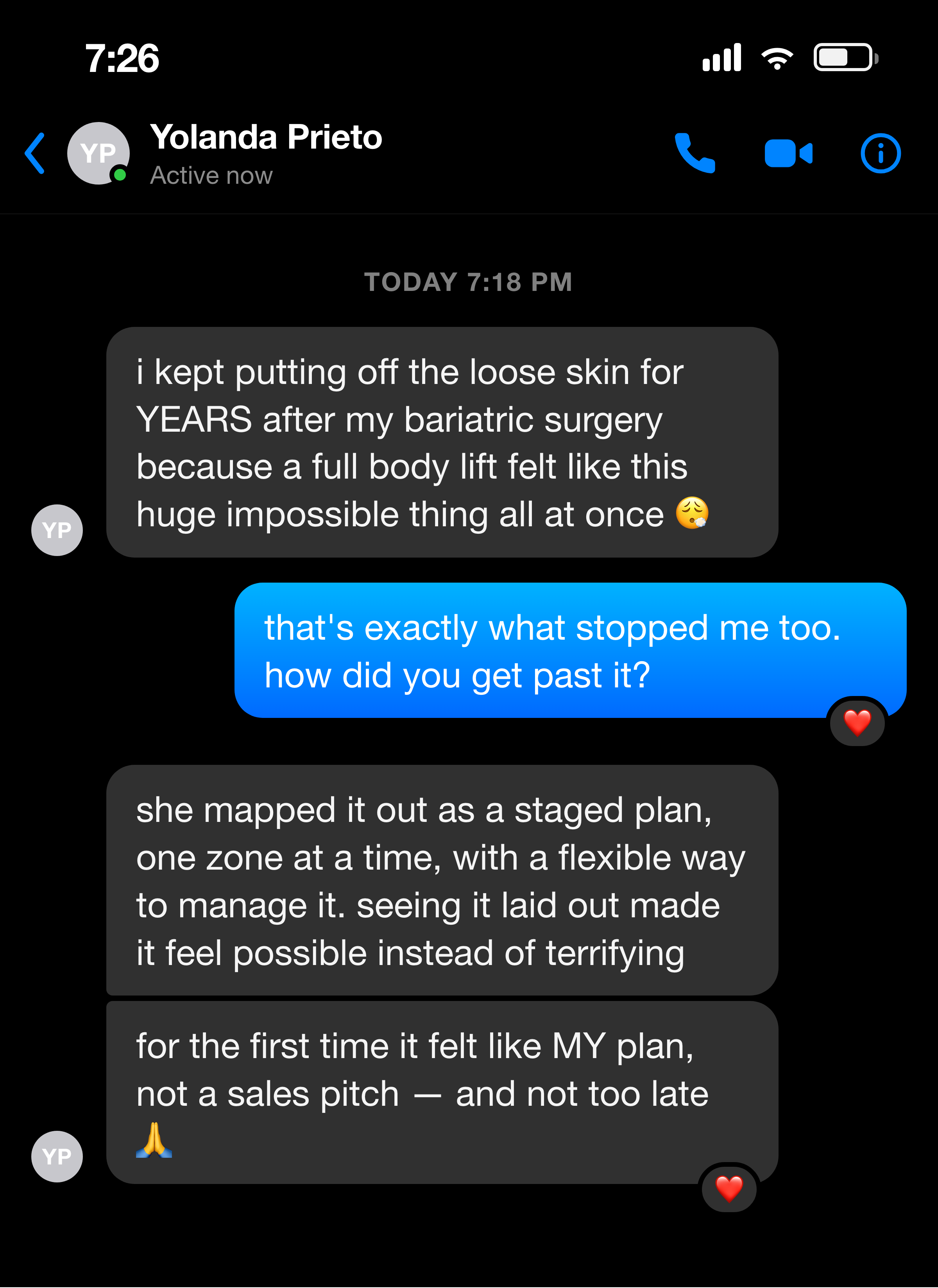 Messenger note about a staged body-lift roadmap making finishing feel possible