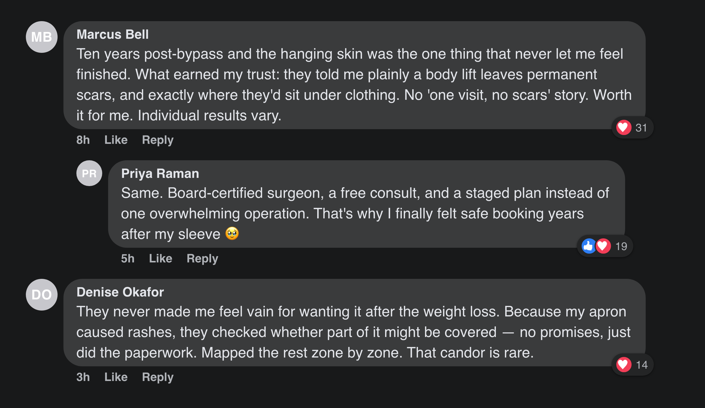 Facebook comments: patients praise the honesty about body-lift scars and recovery