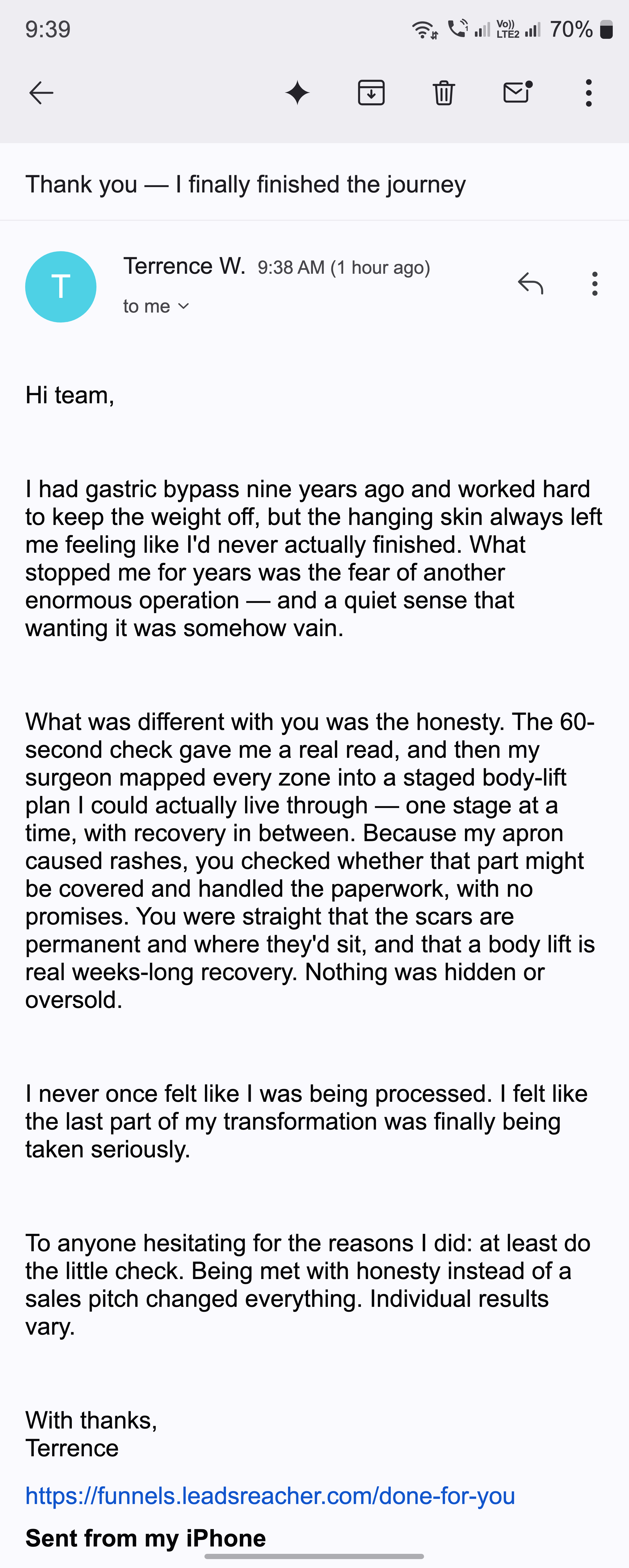 Email: a patient thanks the practice for checking coverage and the staged roadmap
