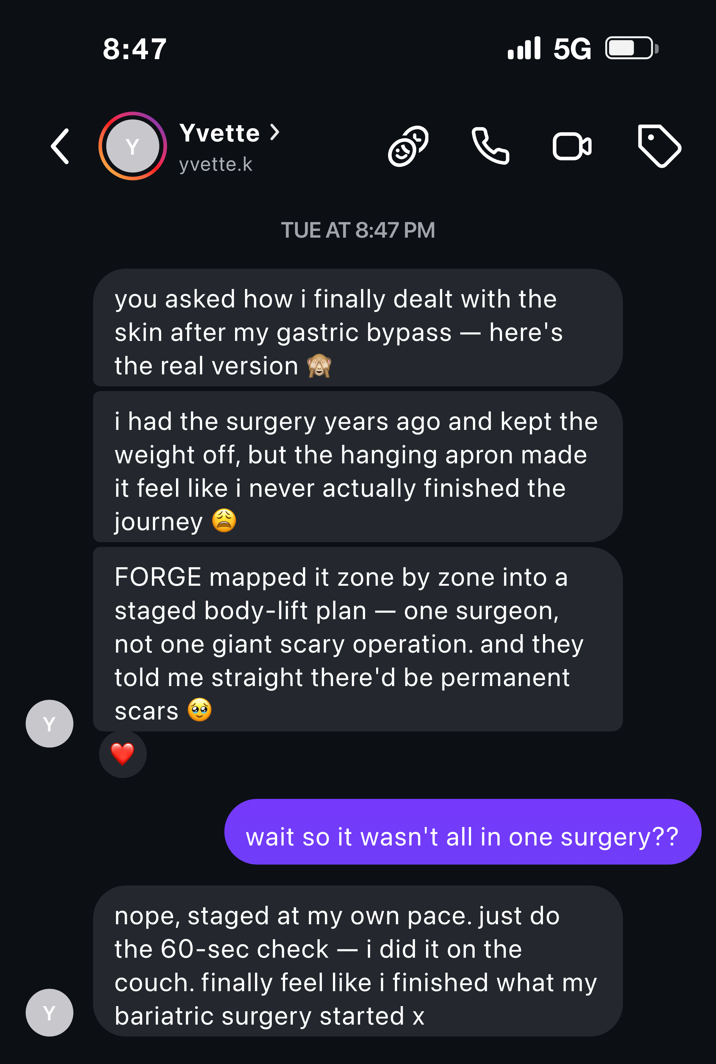 Instagram DM: a post-bariatric patient says they finally feel finished after their staged body lift