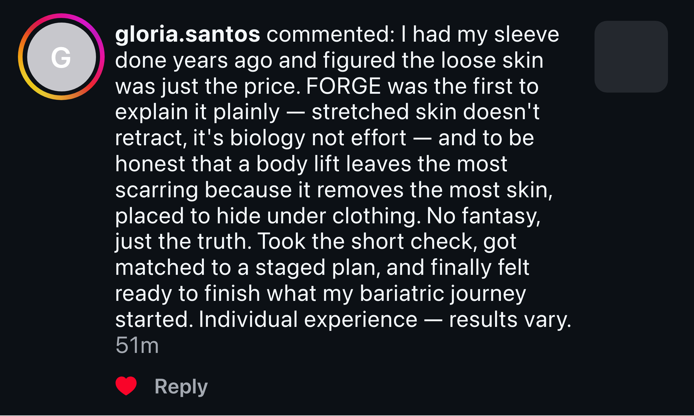 Instagram comment: a patient values the straight talk about the scar trade after bariatric surgery