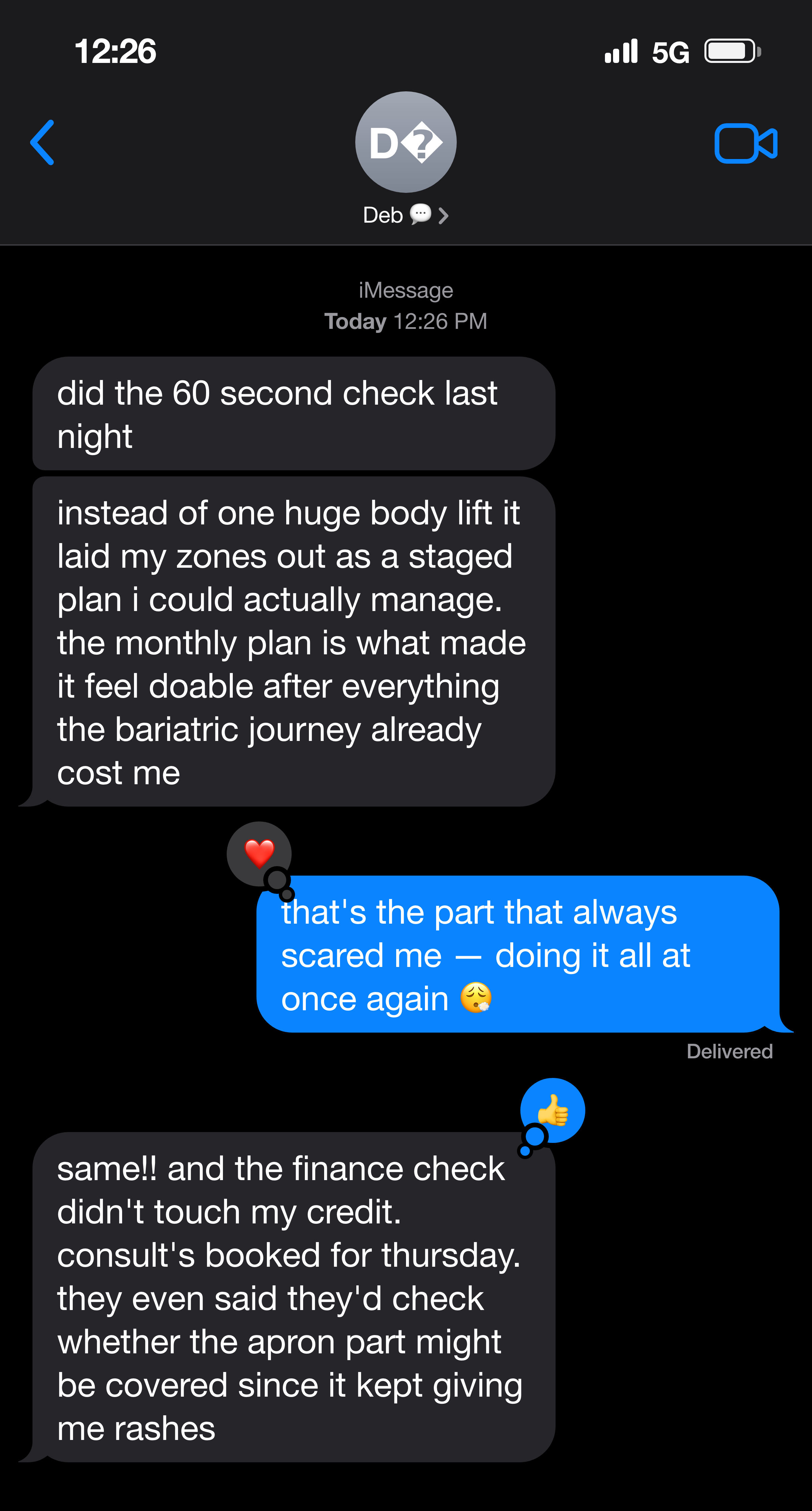 Text message: a patient shares how the monthly plan made finishing their bariatric journey possible