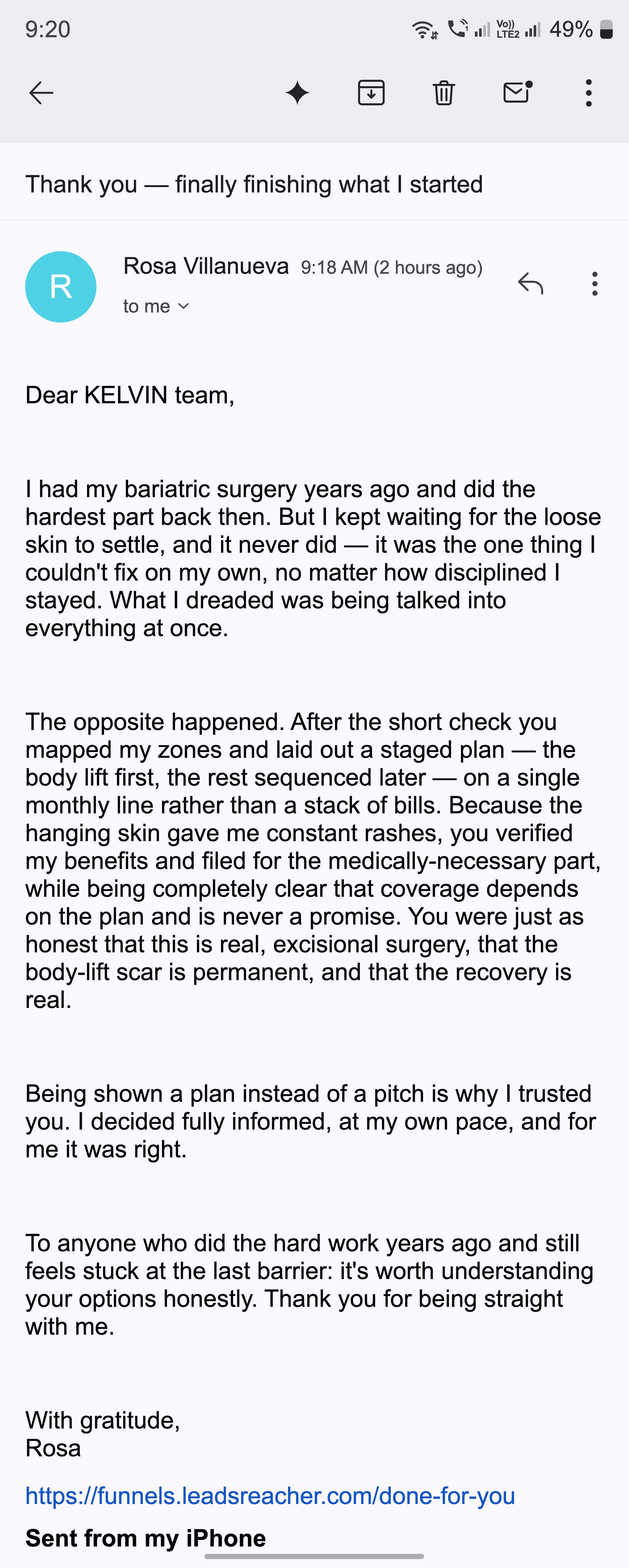 A thank-you email about the honest staged body-lift plan