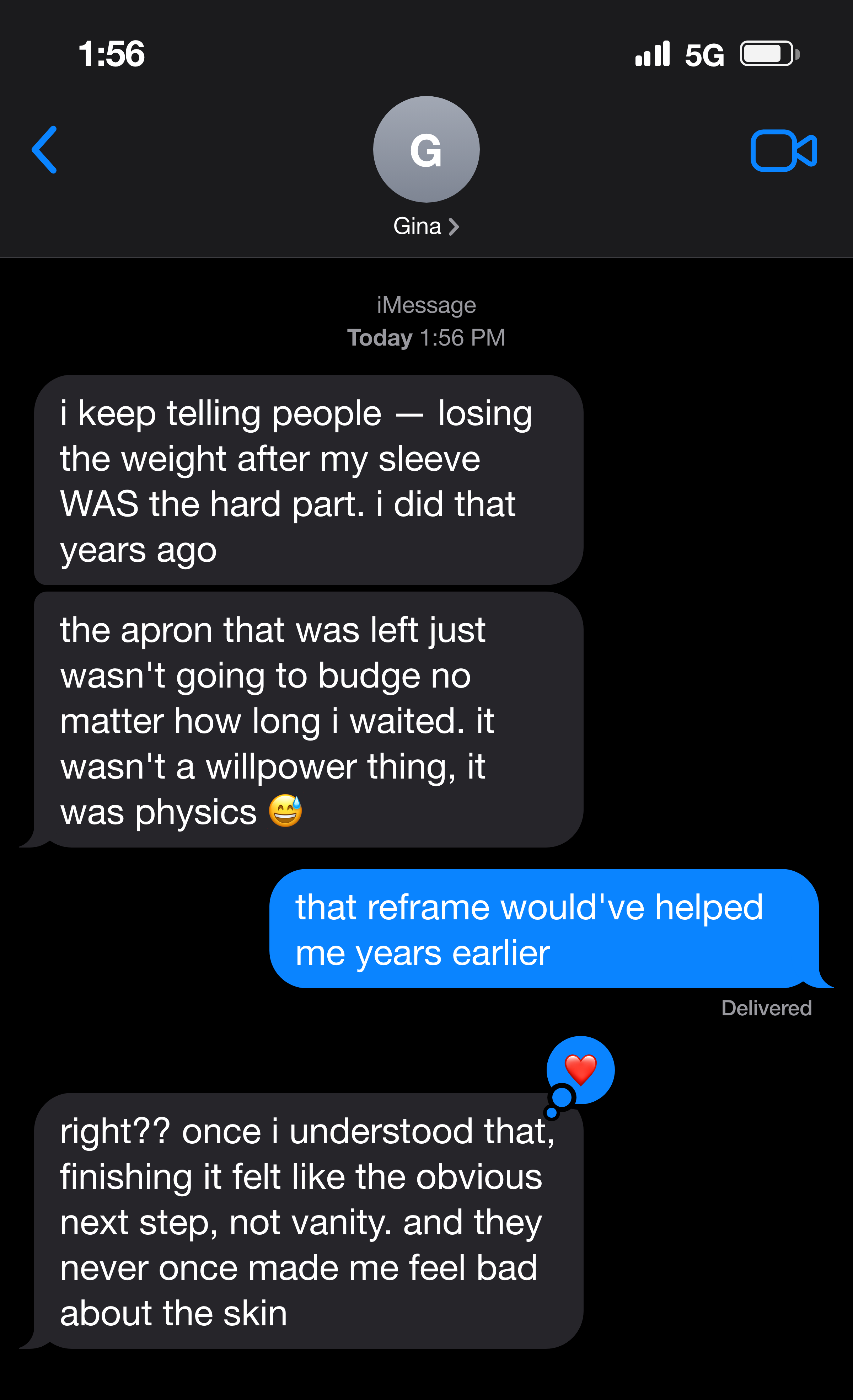 Text message about finishing what bariatric surgery started years later
