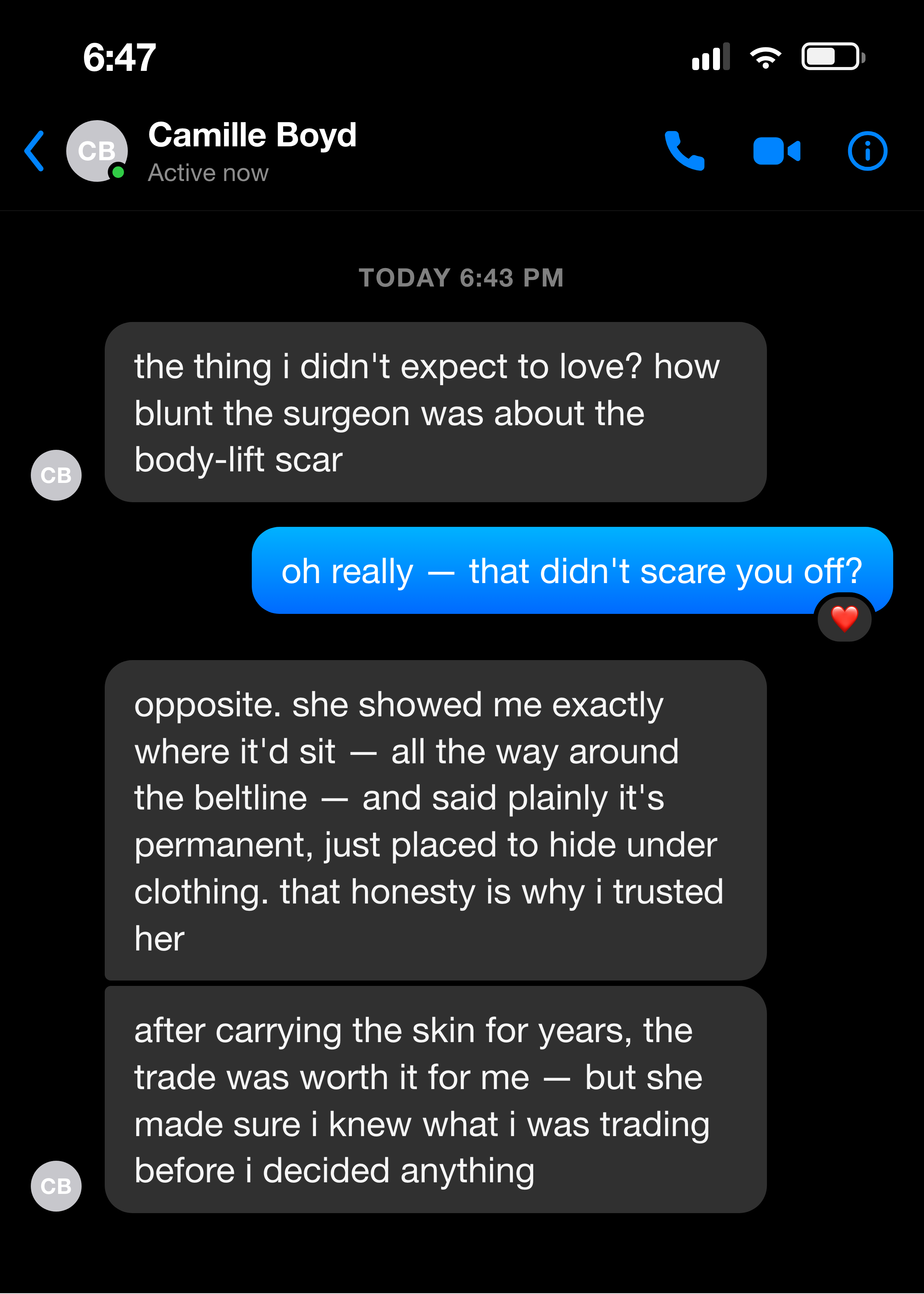 Messenger note about the surgeon being honest that body-lift scars are worth it