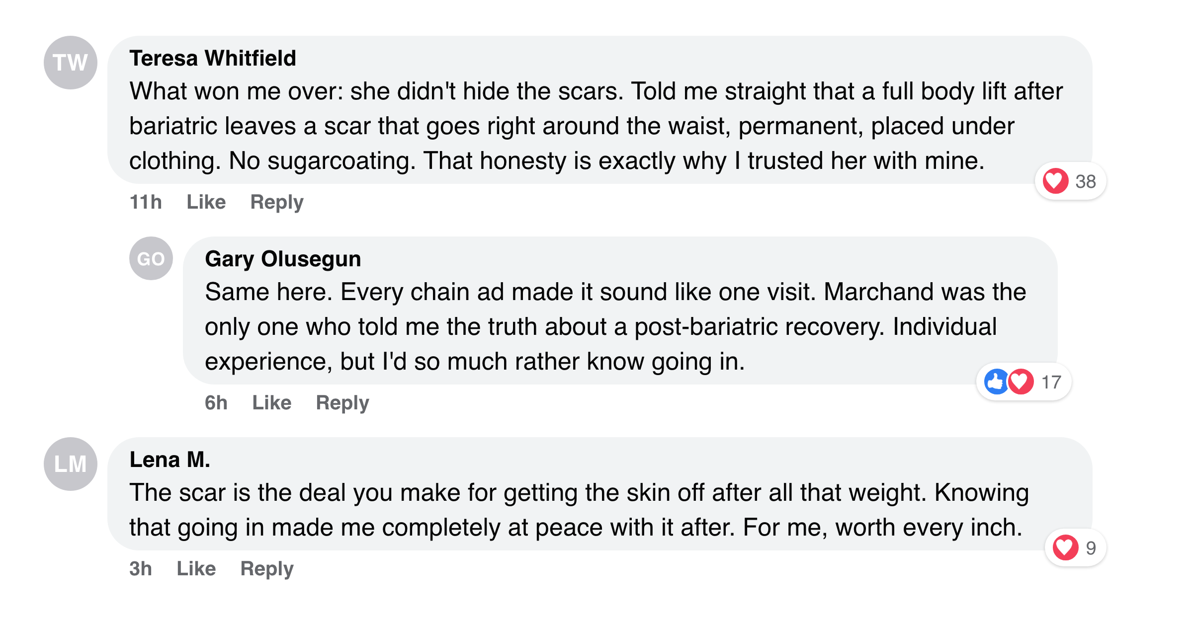 Facebook comments from patients about the surgeon's honesty on body-lift scars