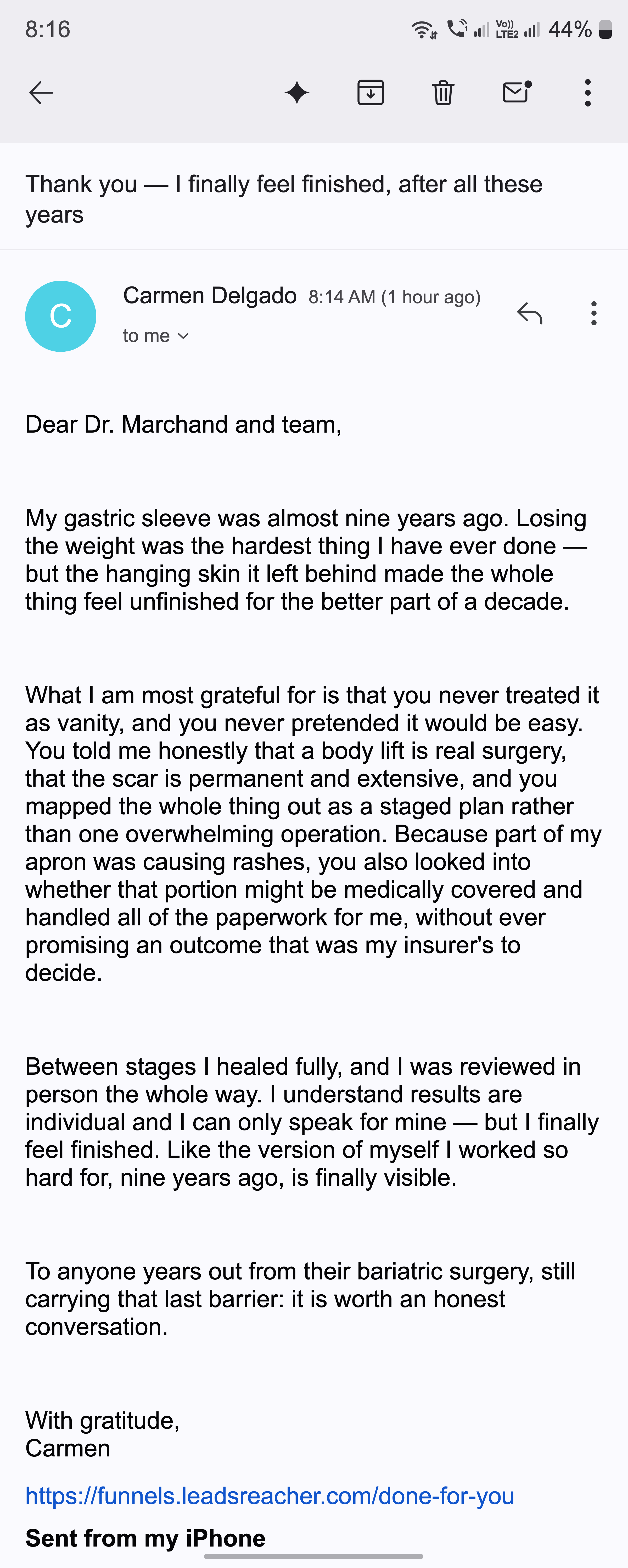 A thank-you email from a patient after finishing their staged post-bariatric transformation, mentioning the coverage check