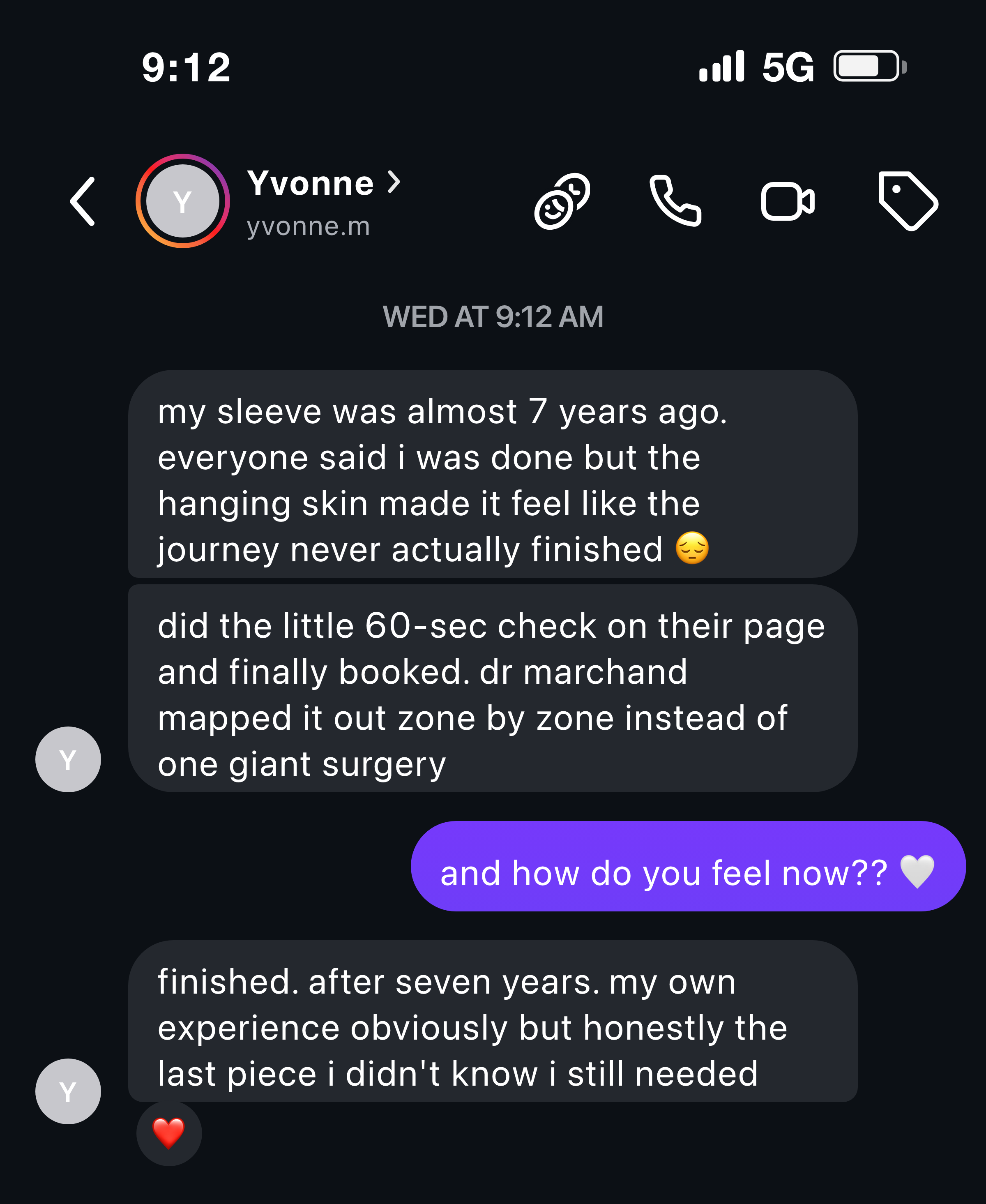 Instagram message from a post-bariatric patient who finally feels finished years after their surgery