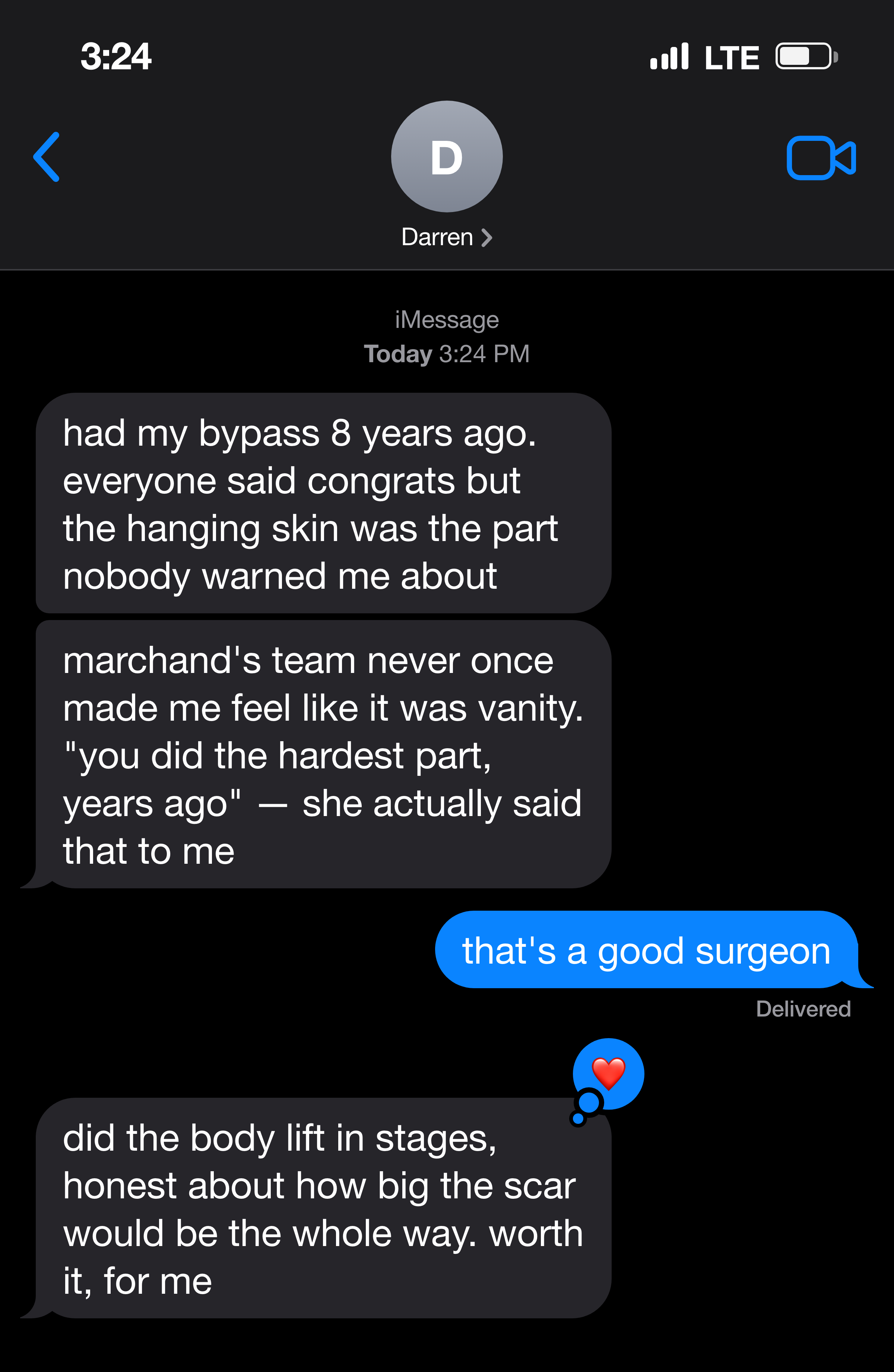 Text message from a patient about finishing what their bariatric surgery started